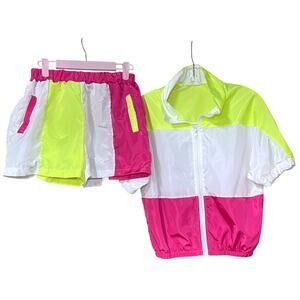 Neon Colorblock Windbreaker Set Shorts Jacket Pink Yellow White M